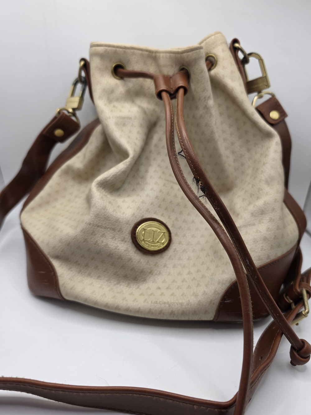 Vintage Liz Claiborne 1980s Monogram Coated Canvas Drawstring Bucket Bag